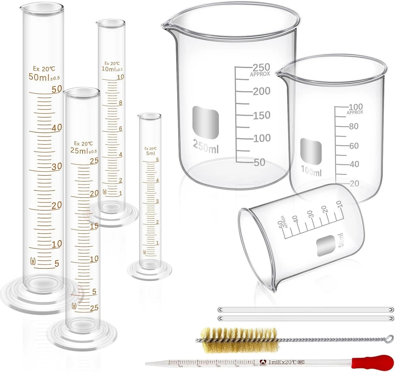 14Pcs Lab Flask Glass Measuring Glass Set: Beakers & Cylinders Lab Drying Rack