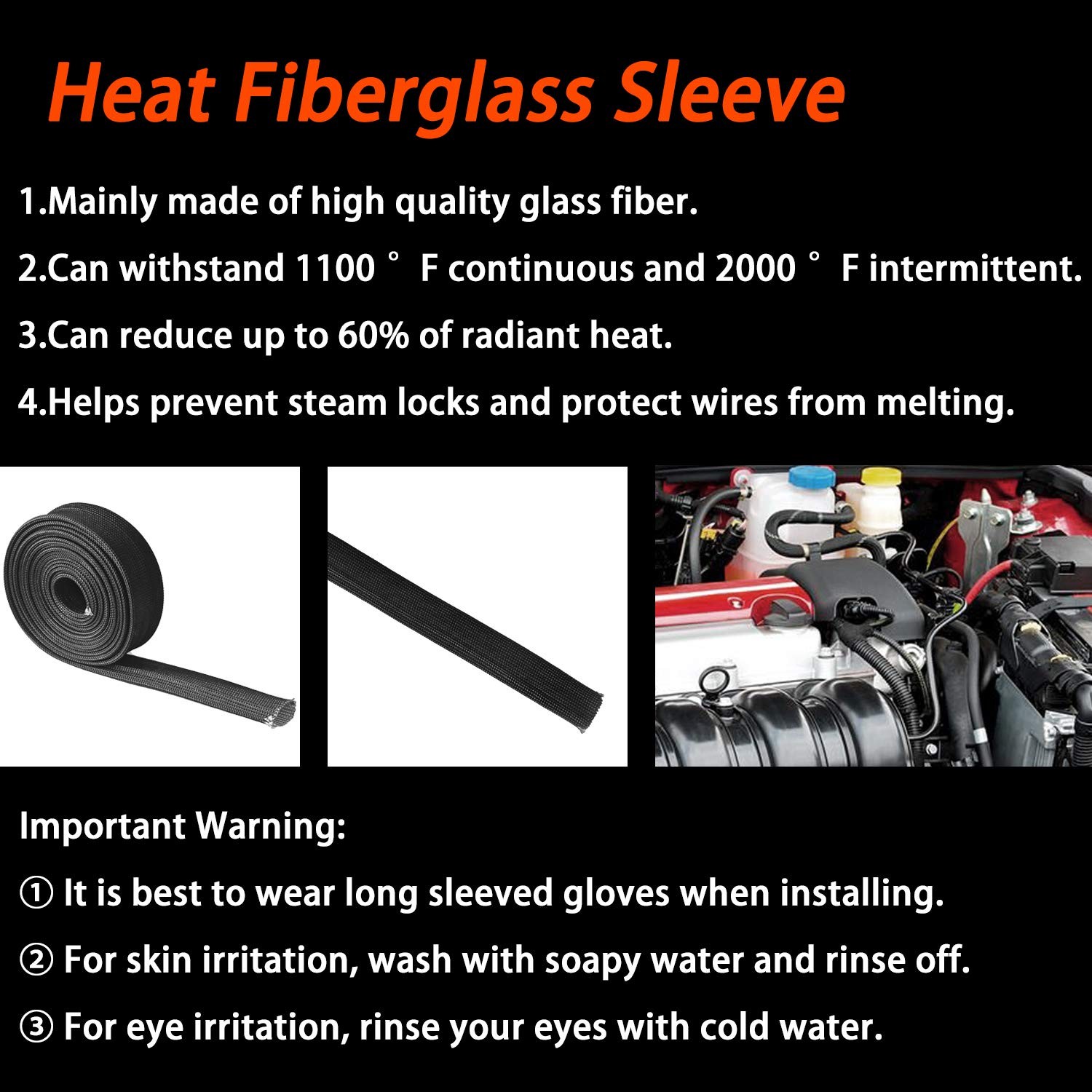 Black Heat Sleeve 10Ft Fiberglass Wire Heat Protection Wrap 13Mm Cord Cover