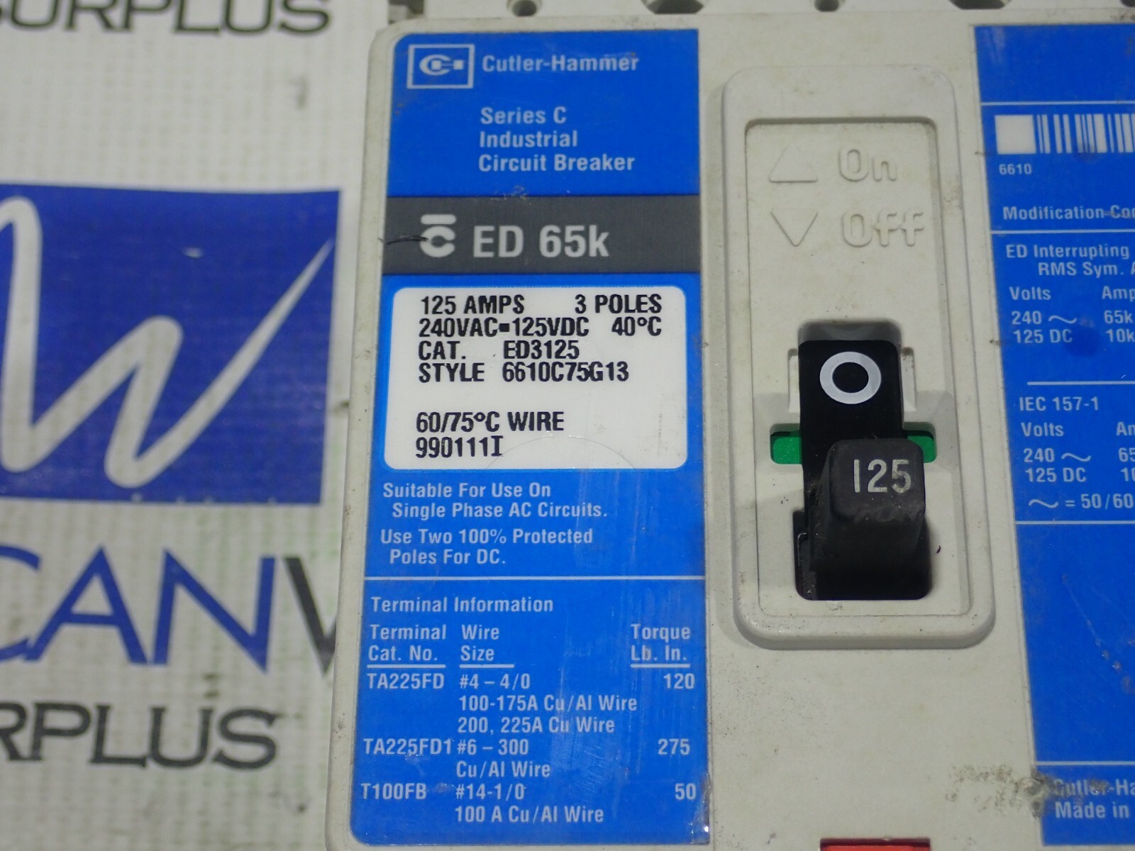 Cutler Hammer ED3125 125 Amp 3 Pole 240V ED 65K Circuit Breaker Tested