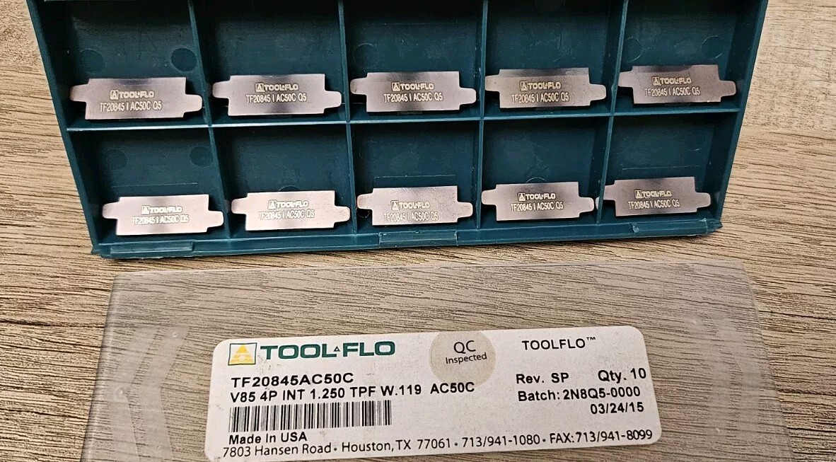 10 Pcs TOOL-FLO TF20845AC50C Carbide Inserts TF20845 AC50C V85 4P INT 1.250 TPF