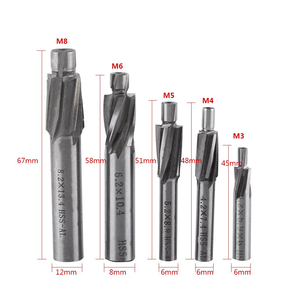 5Pcs Counterbore Drill Bits Set, 4 Flutes Straight End Mill Cutter HSS Countersi