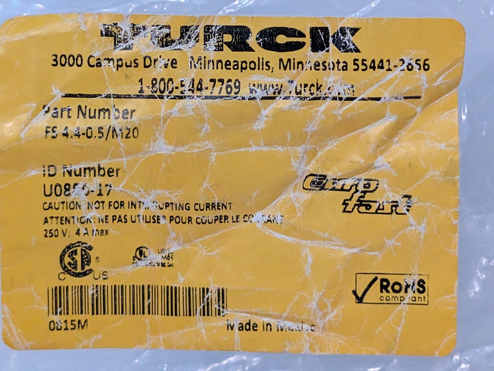 Turck FS 4.4-0.5/M20 Euro-Fast Industrial Connector, 250V, 4A Max, U0886-17