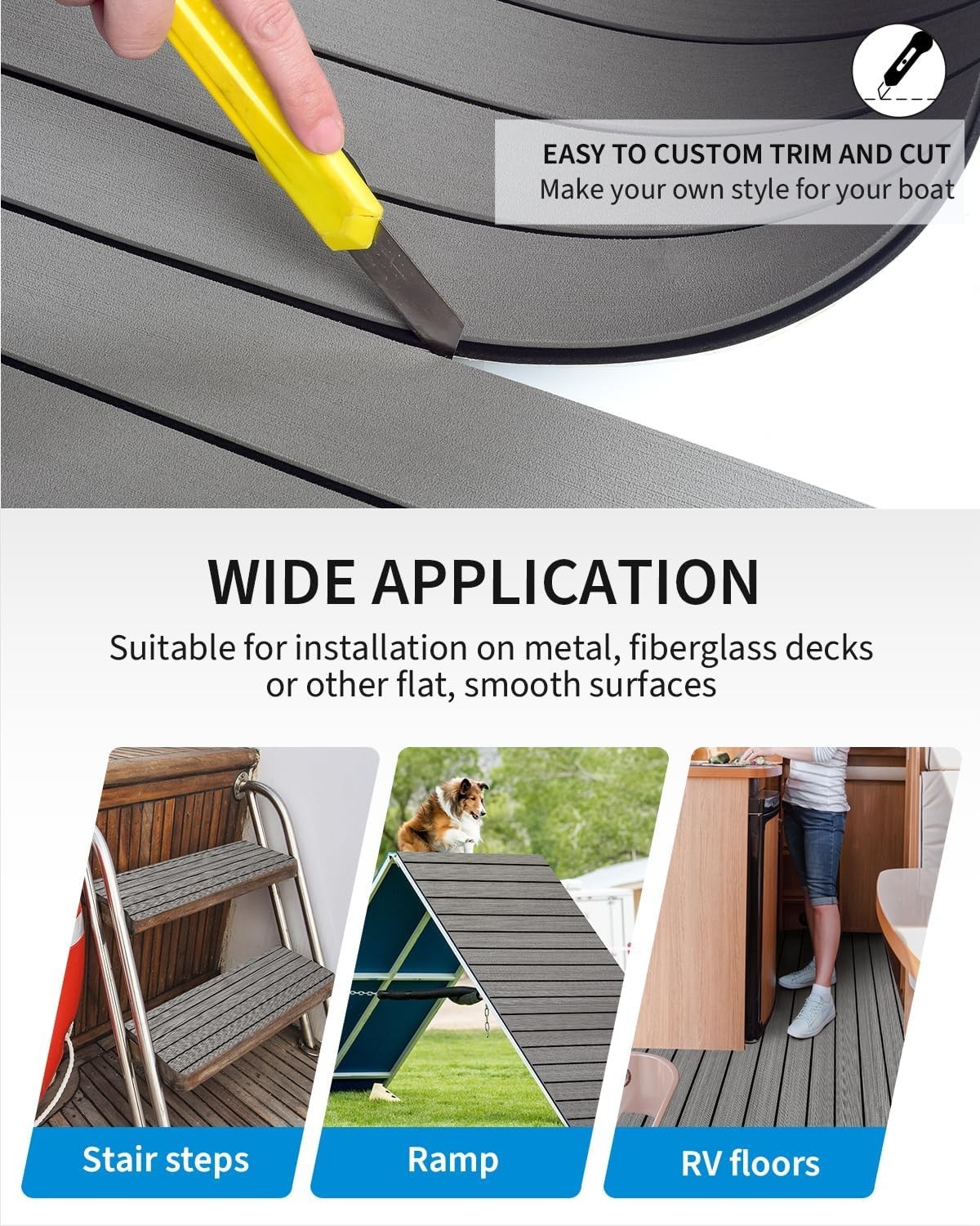Boat Flooring EVA Foam Self-Adhesive 96»x45.6»/36»/28.8»/16.8» Faux Teak…