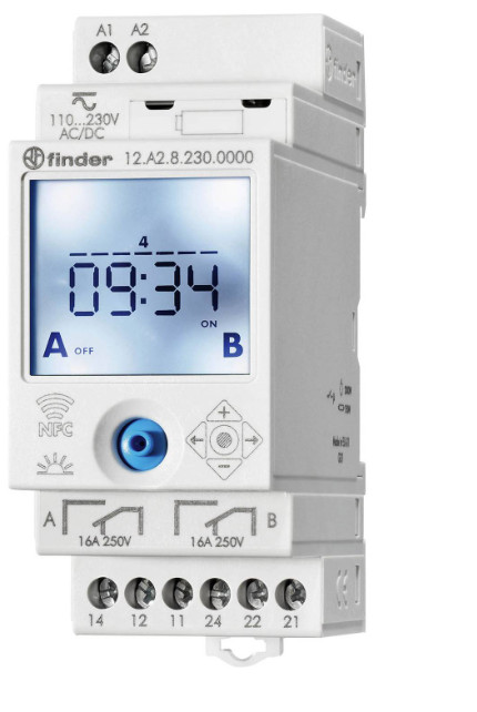Finder 12.A2.8.230.0000 Programmable time switch 1min-7days; DPDT 110 V-230 V AC