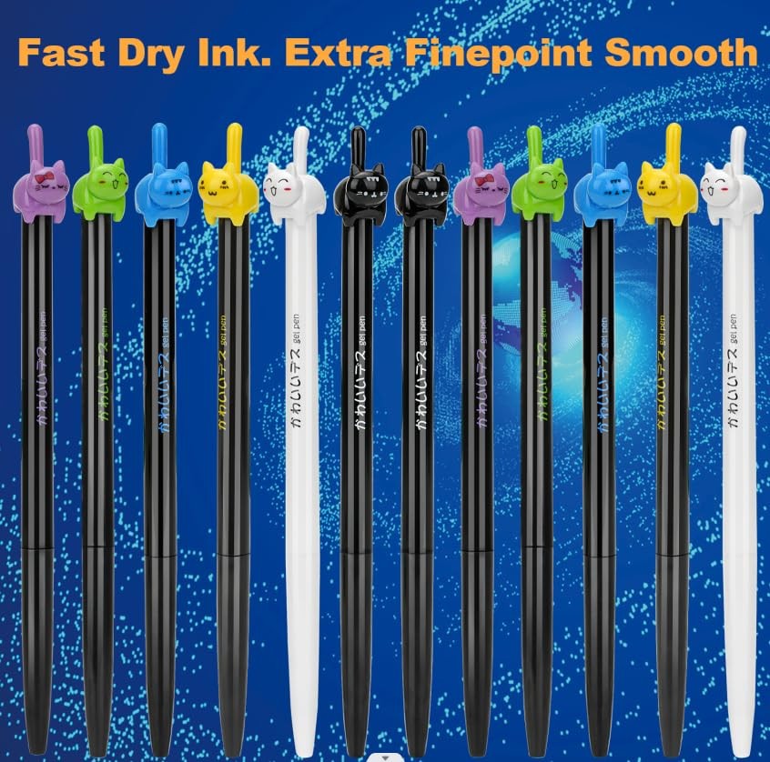 RECHENG retractable cat gel pens,Fine Point 0.5mm black ink,Cute kitty fun ba…