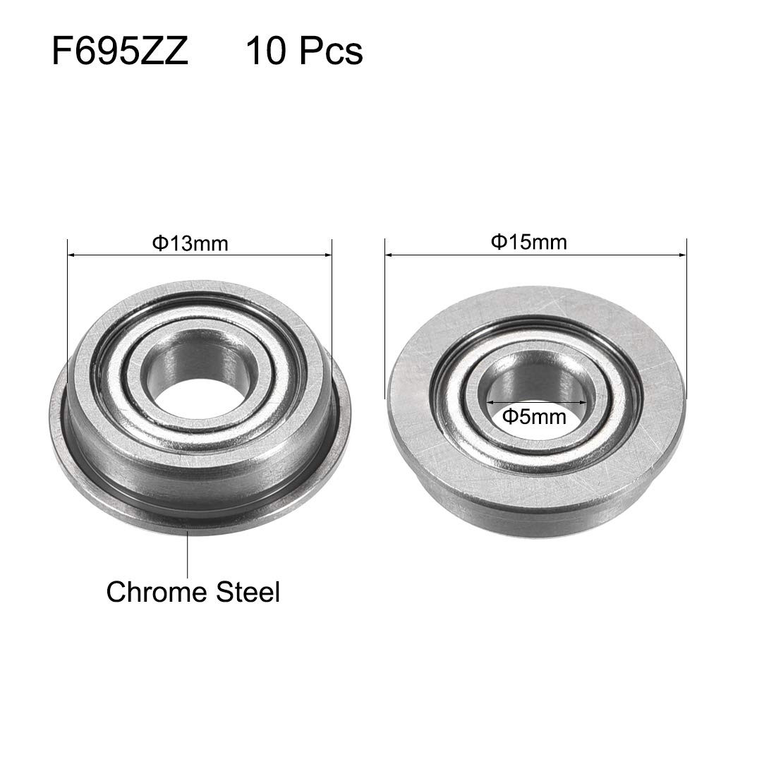 Uxcell F695ZZ Flanged Ball Bearing 5X13X4Mm Double Metal Shielded (Gcr15) Chrom