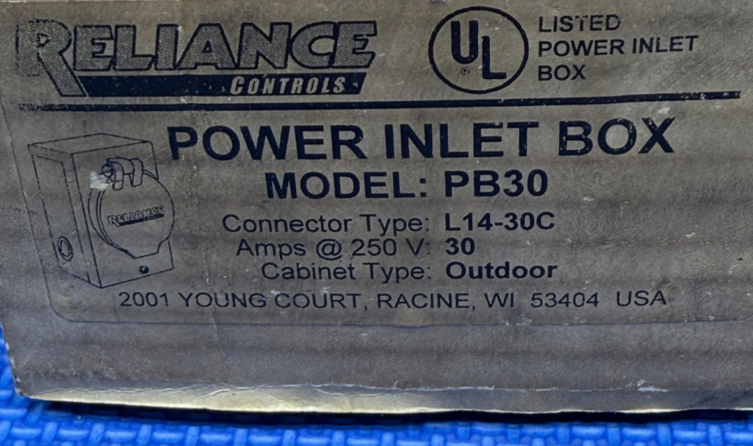 Reliance Controls PB30 Replacement 30-AMP Power Inlet Box L14-30C Locking Plug