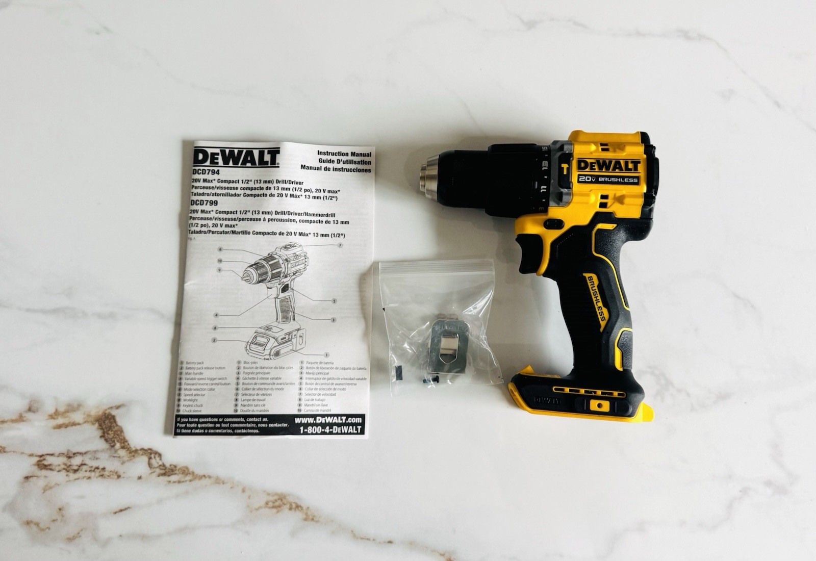 New DeWalt Genuine DCD799B ATOMIC COMPACT 20V Brushless 1/2” Hammer Drill Kit