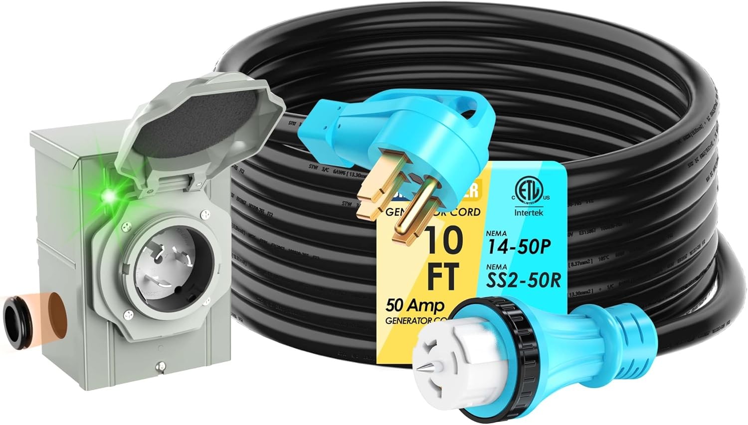 50 Amp 10FT Generator Cord and Power Inlet Box Combo Kit with Inlet Box