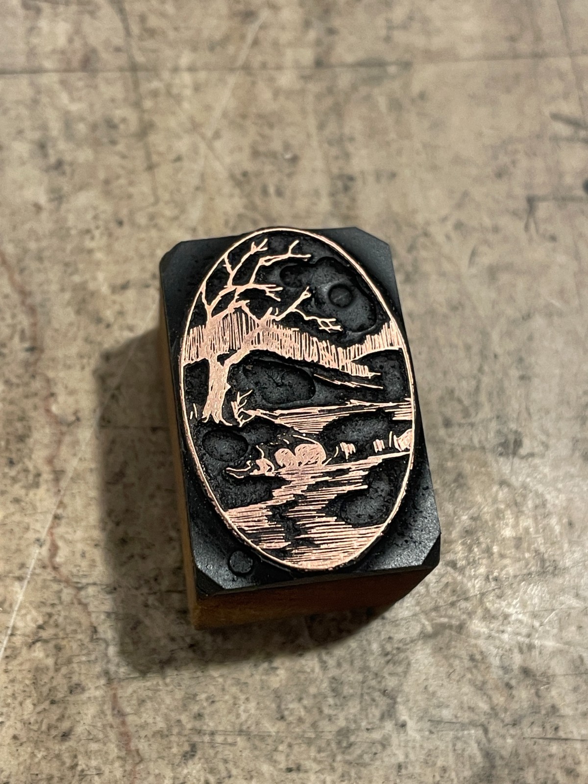 Printing Letterpress Print Block Antique Copper Stream View With Tree (3573)