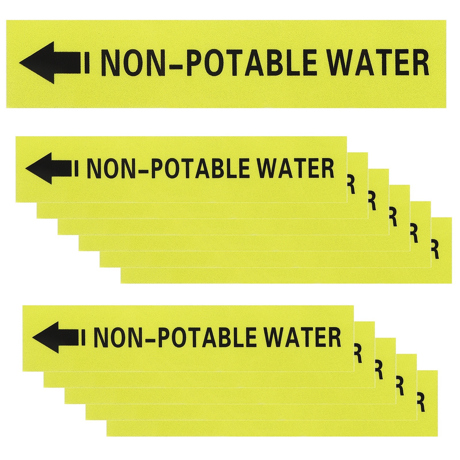 12Pcs NON-POTABLE WATER Left-Pointing Arrow Label, Black on Yellow Background