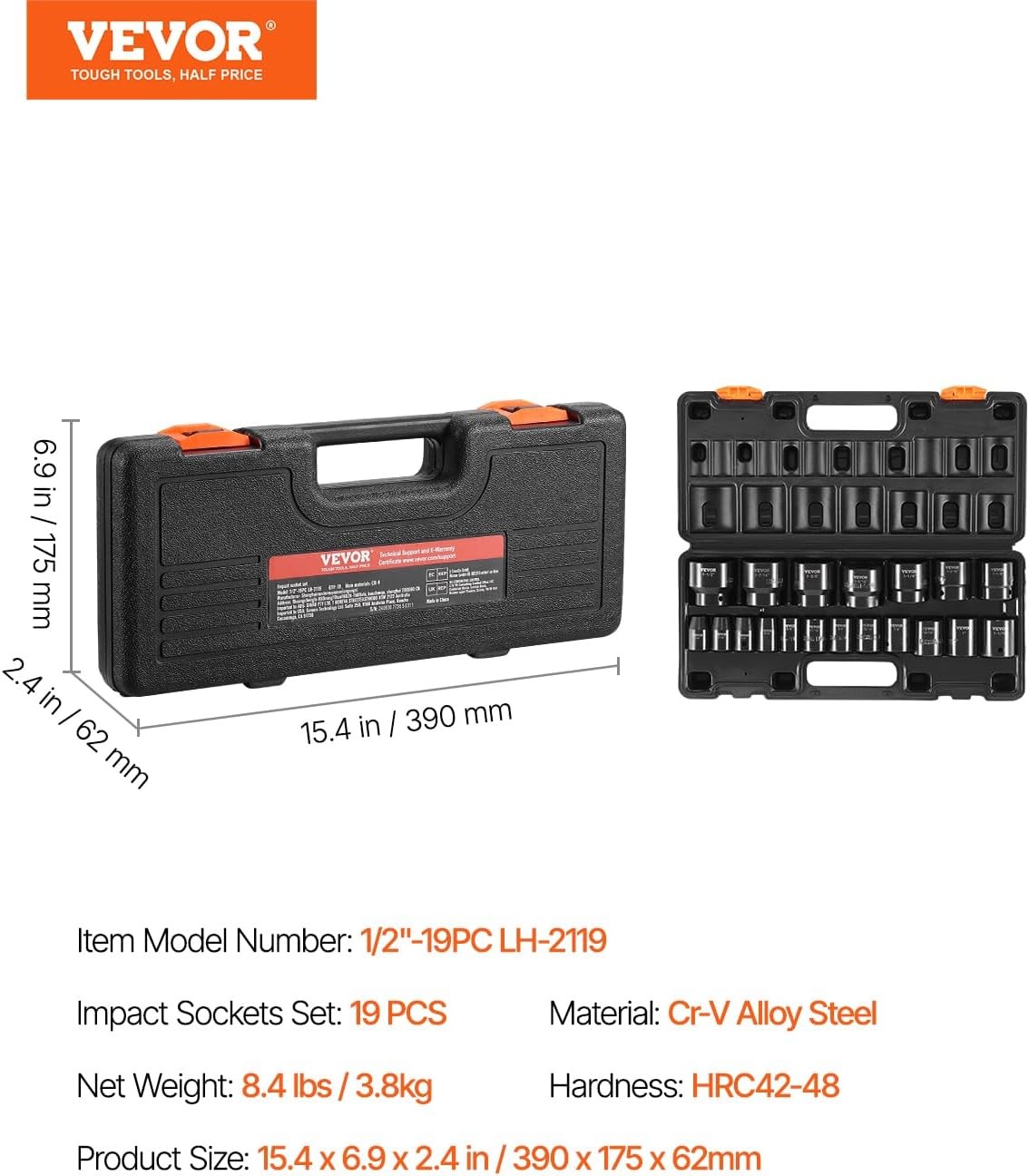 VEVOR Impact Drive Socket Set 1/2 Inches 19 Piece 1/2” SAE 19PC CR-V, Black