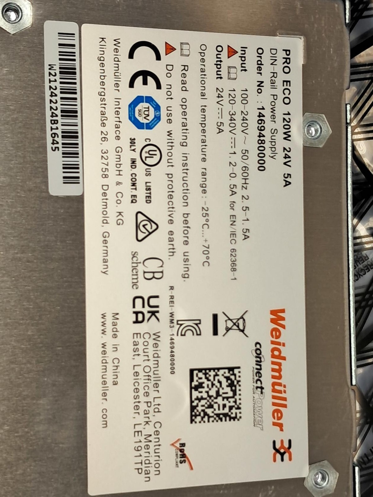 Weidmuller – 1469480000 – Power Supply Pro Eco 120W 24V 5A – NEW