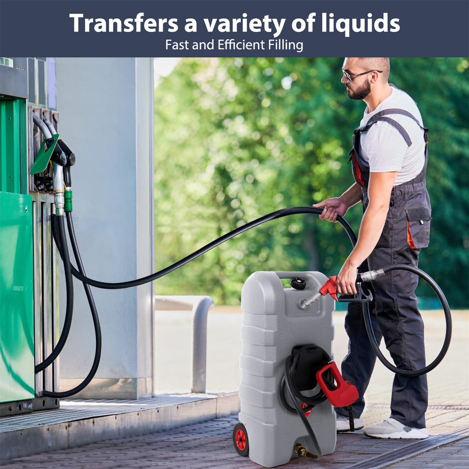 15 Gal Portable Fuel Tank Caddy, Manual Siphon Pump & 10FT Hose for Gas Diesel