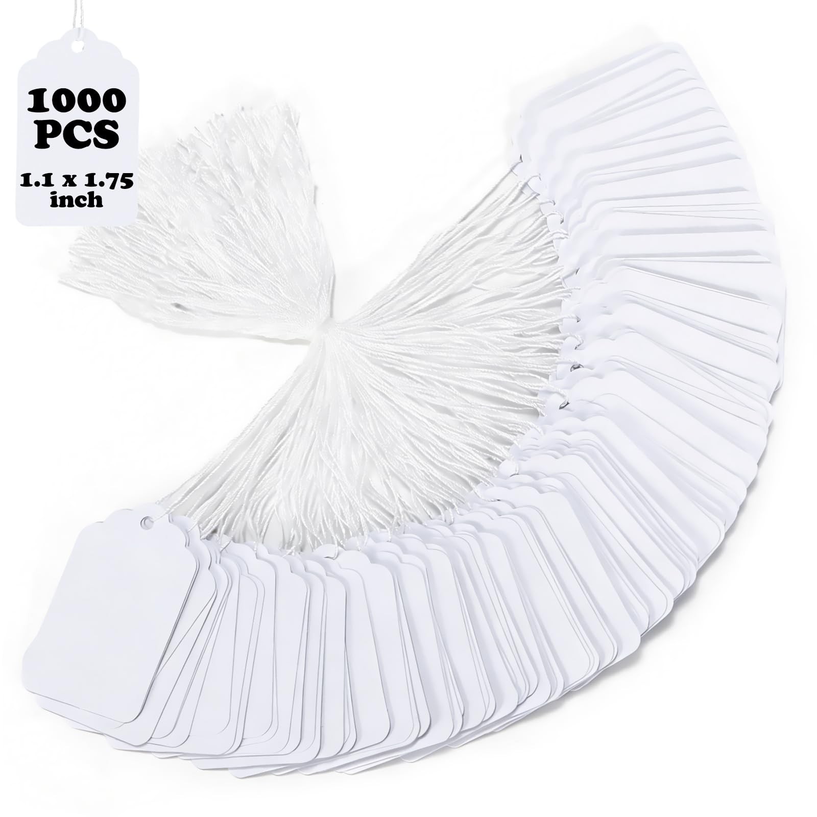 1000 Blank White Merchandise Price Tags with Strings Size #5 Retail Strung Labe