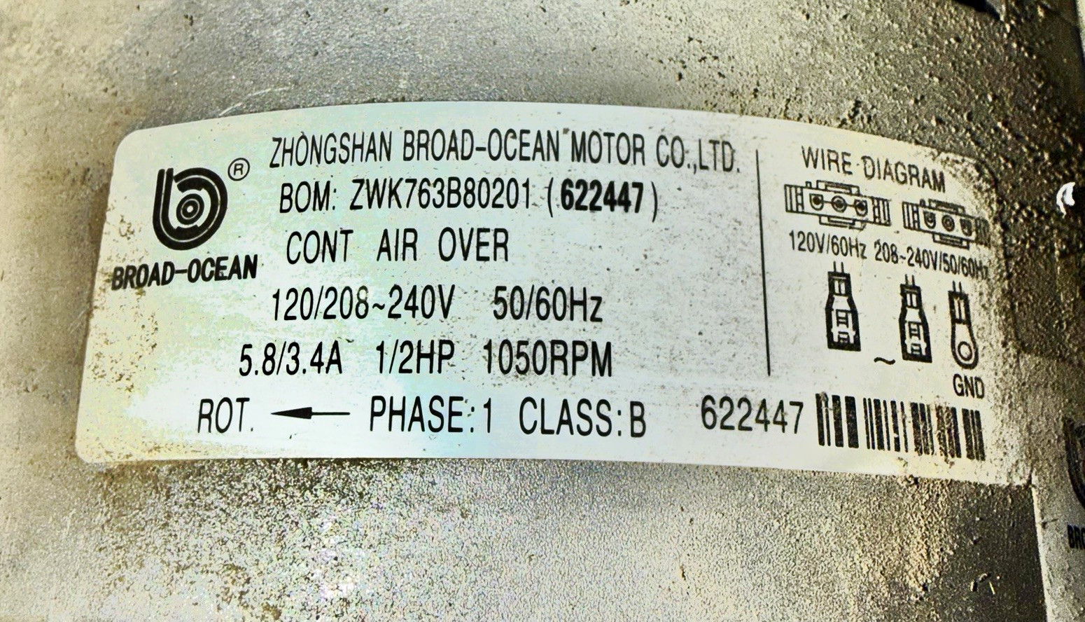 Broad-Ocean 622447 Blower Motor ZWK763B80201 120/208-240V 1/2HP 1050RPM