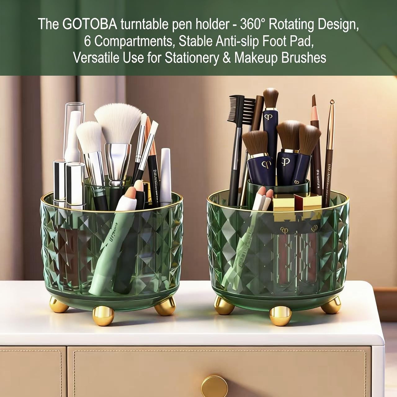 Dark Green Pen Pencil Holder for Desk, 360° Rotating Pen Organizer, Green Office