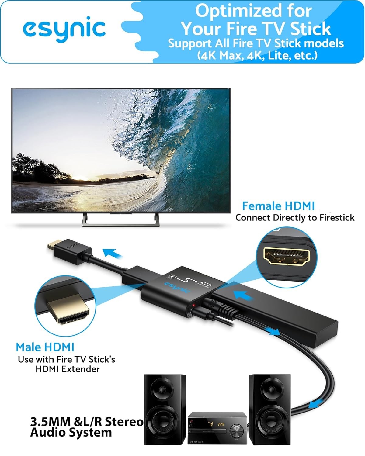 HDMI Audio Extractor 4K 60Hz PCM to RCA L/R Stereo 3.5mm Headphone Jack Fire TV