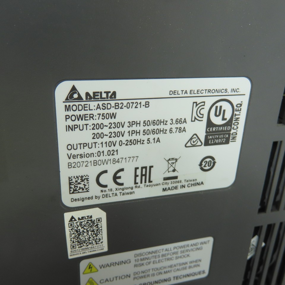 Delta ASD-B2-0721-B 3Ph Servo Drive 230V 50/60Hz 3.66A Input 110V 2.1A Output