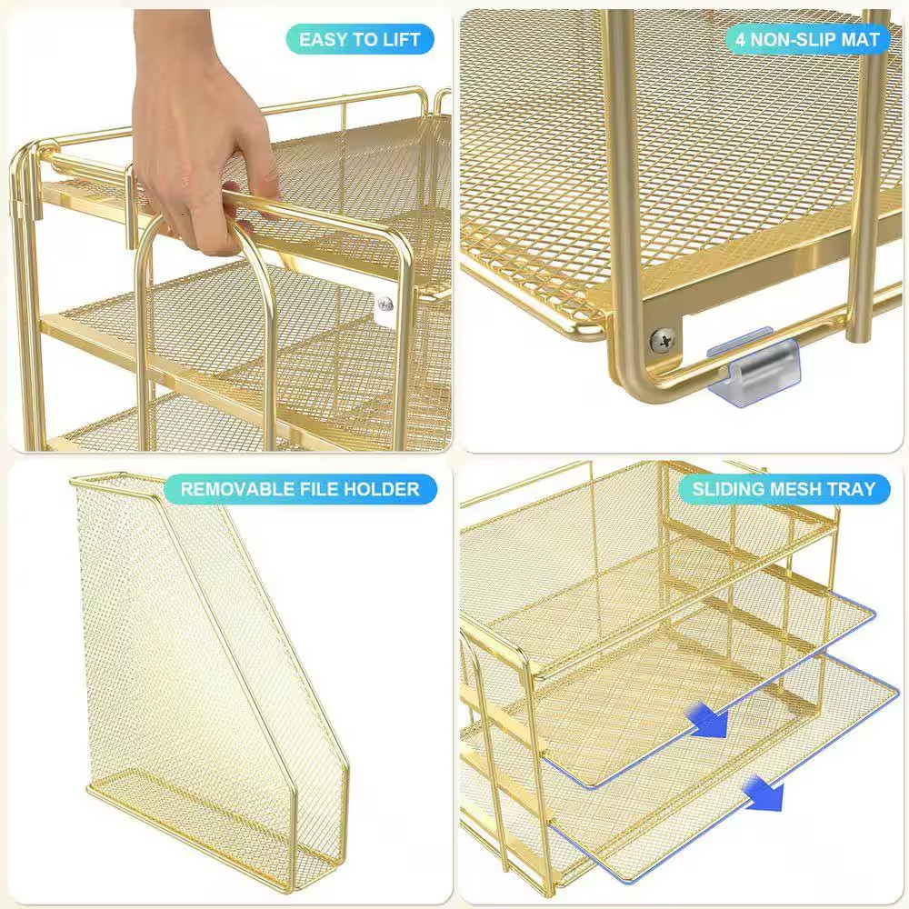 Gold 15.5 in X 9.2 in 4-Tier Paper Organizer with Magazine Holder