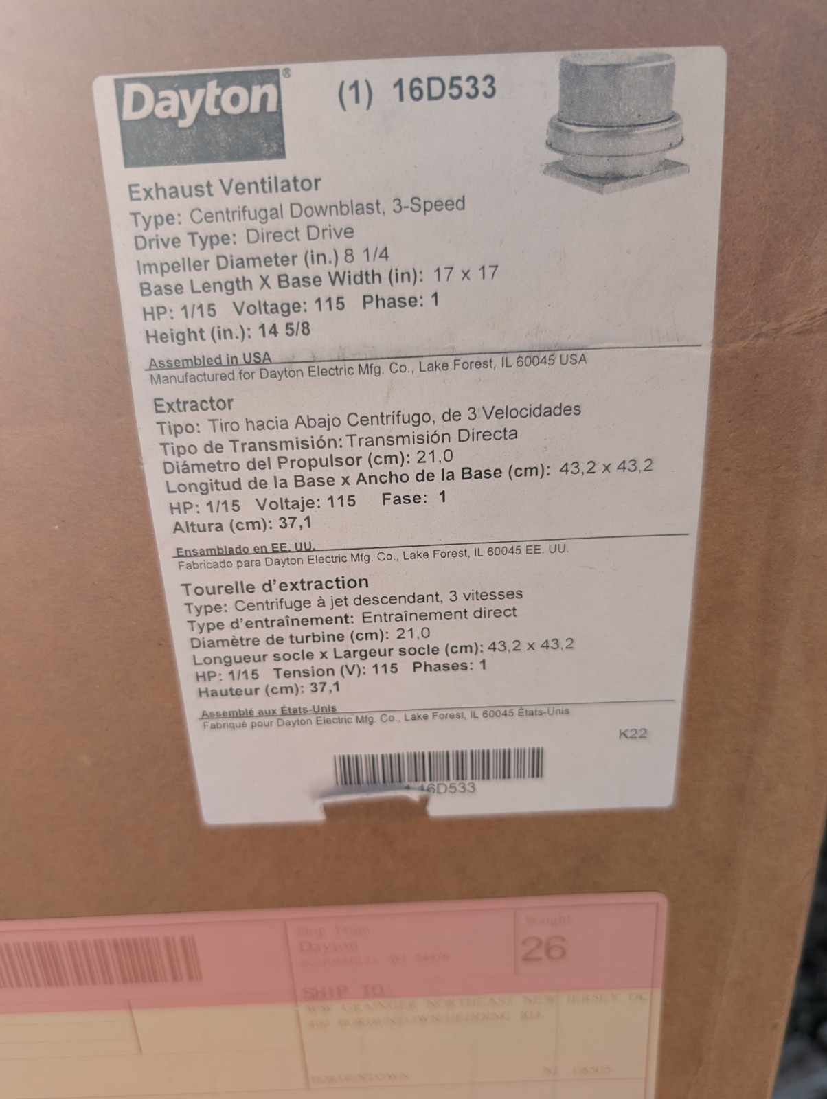 NEW Dayton 16D533 Centrifugal Downblast Exhaust Ventilator 1/15HP 115V