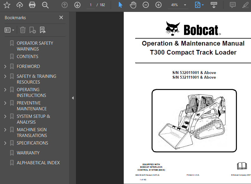 BOBCAT T300 COMPACT TRACK LOADER OPERATORS SERVICE REPAIR SHOP MANUAL PDF USB