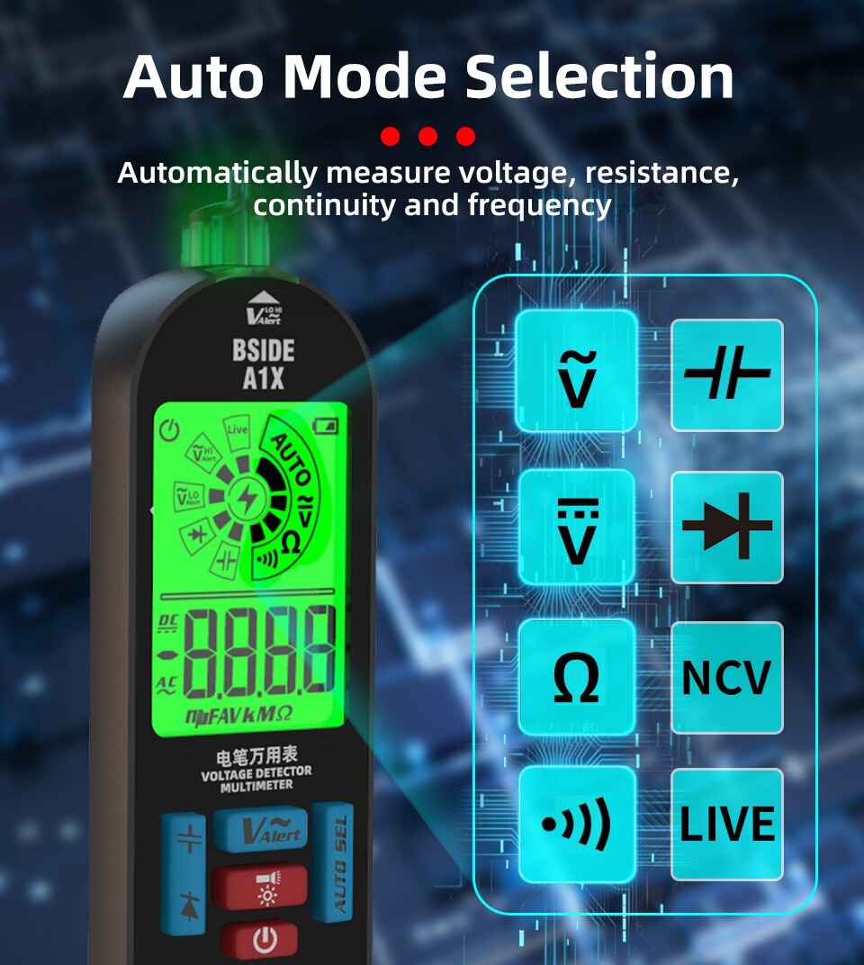 Multimeter AC/DC V Ω F Diode NCV Live Neutral Wire Check Flashlight Li-Battery