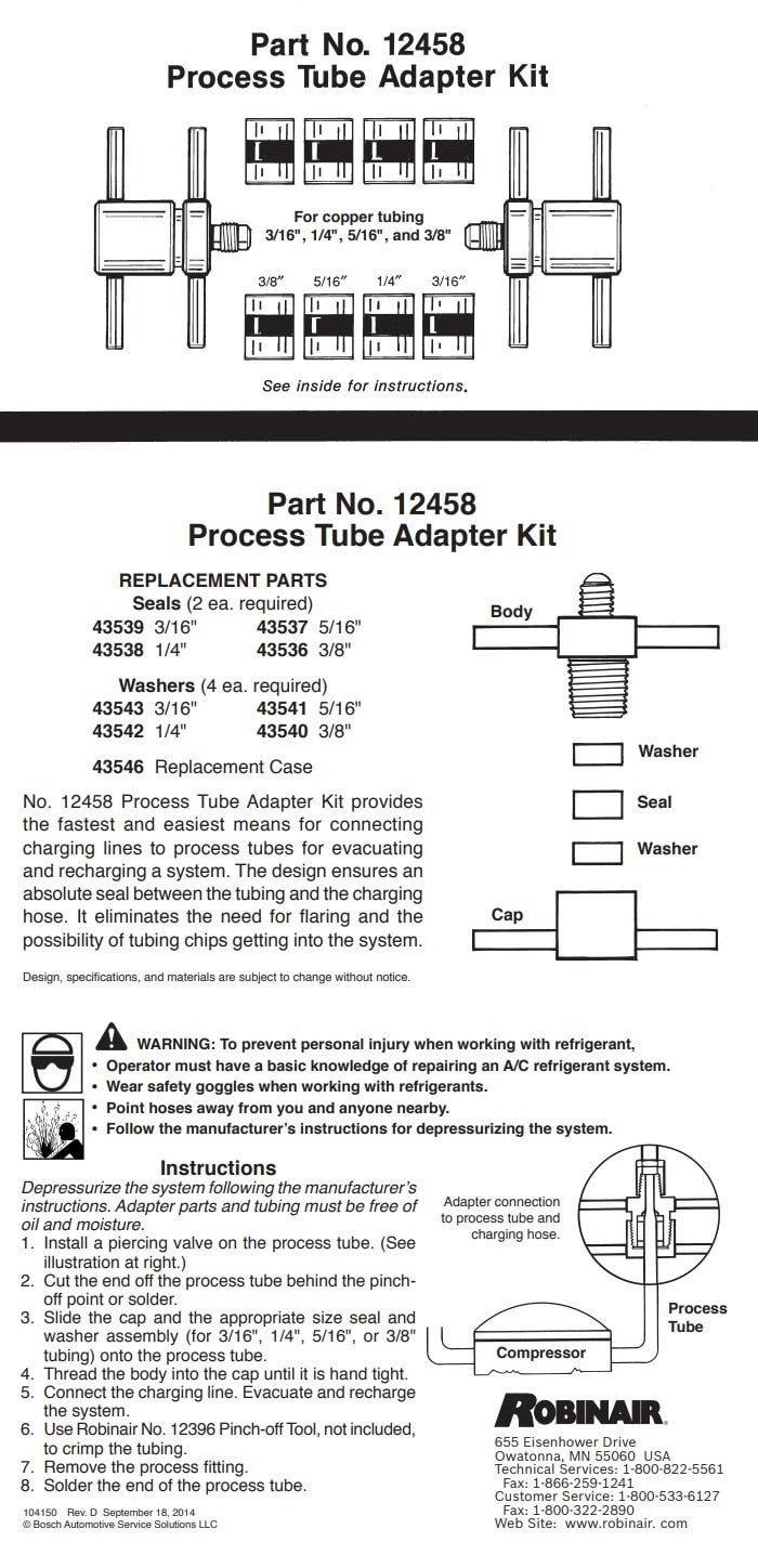 Robinair Robinar Rob HVAC A/C Process Tube Adapter Repair Tool Kit 12458 12396