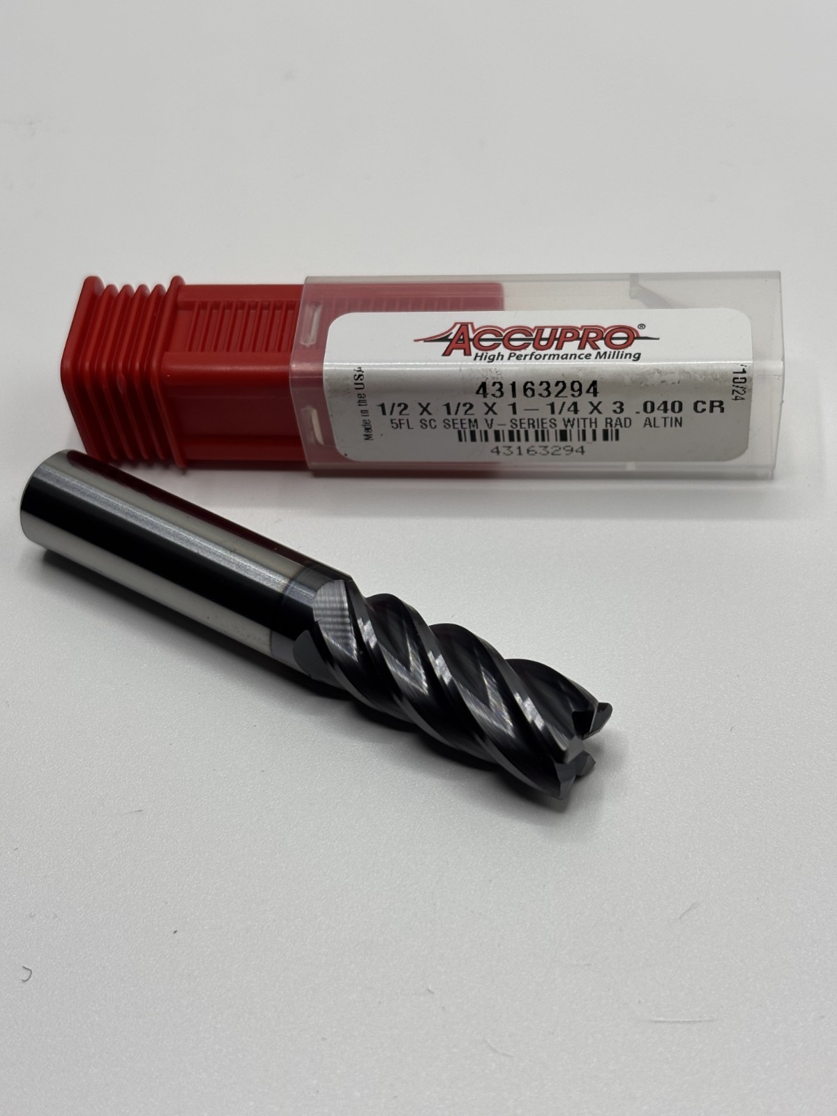 Accupro 43163294 solid carbide end mill 1/2″ 1.25″ LOC 4″ OAL 5 flute .04 ALTiN