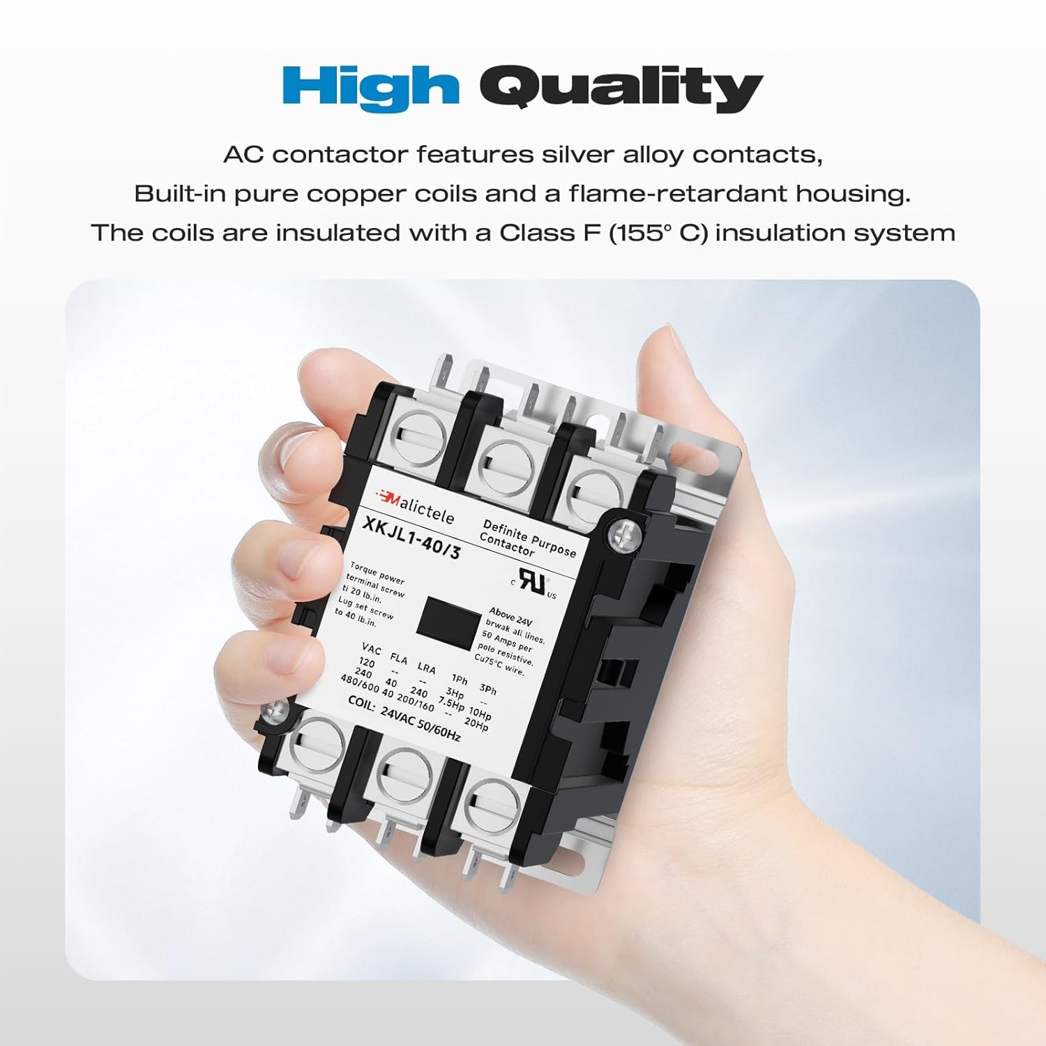 AC Contactor, 3 Pole 40 Amp 24v Coil A2L Compliant Heavy Du Size: 3P 40A 24VAC