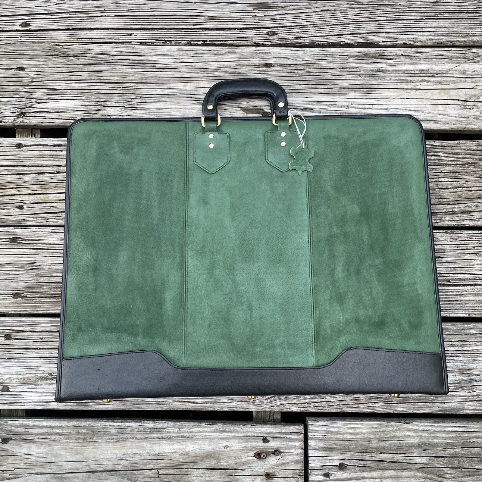 VTG Leather Art Portfolio Binder Green Suede Zipper Handle Spiral Binder NEW