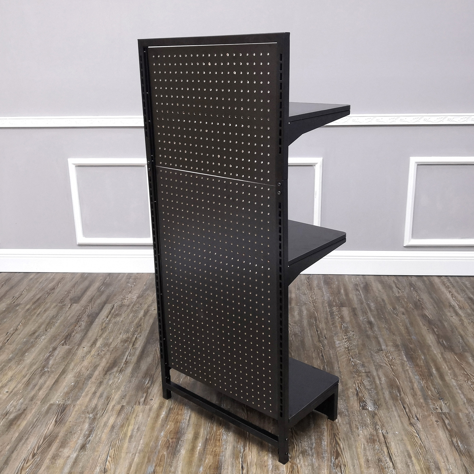 24.0″ Wide Gondola Rack Stand with Two Shelves Black Pegboard Display