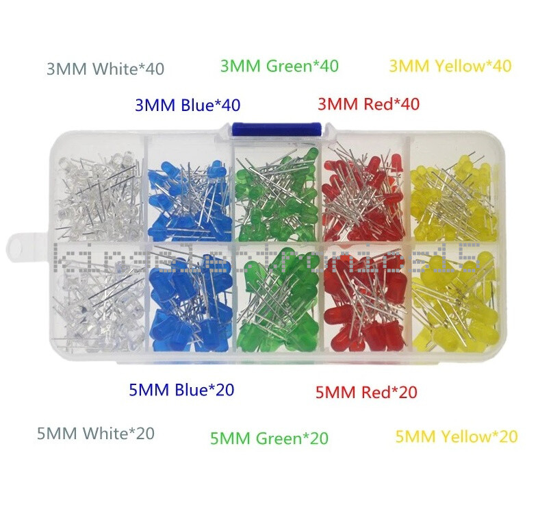 300pcs NEW 3mm 5mm LED Diodes Emitting White Yellow Red Green Blue Assorted