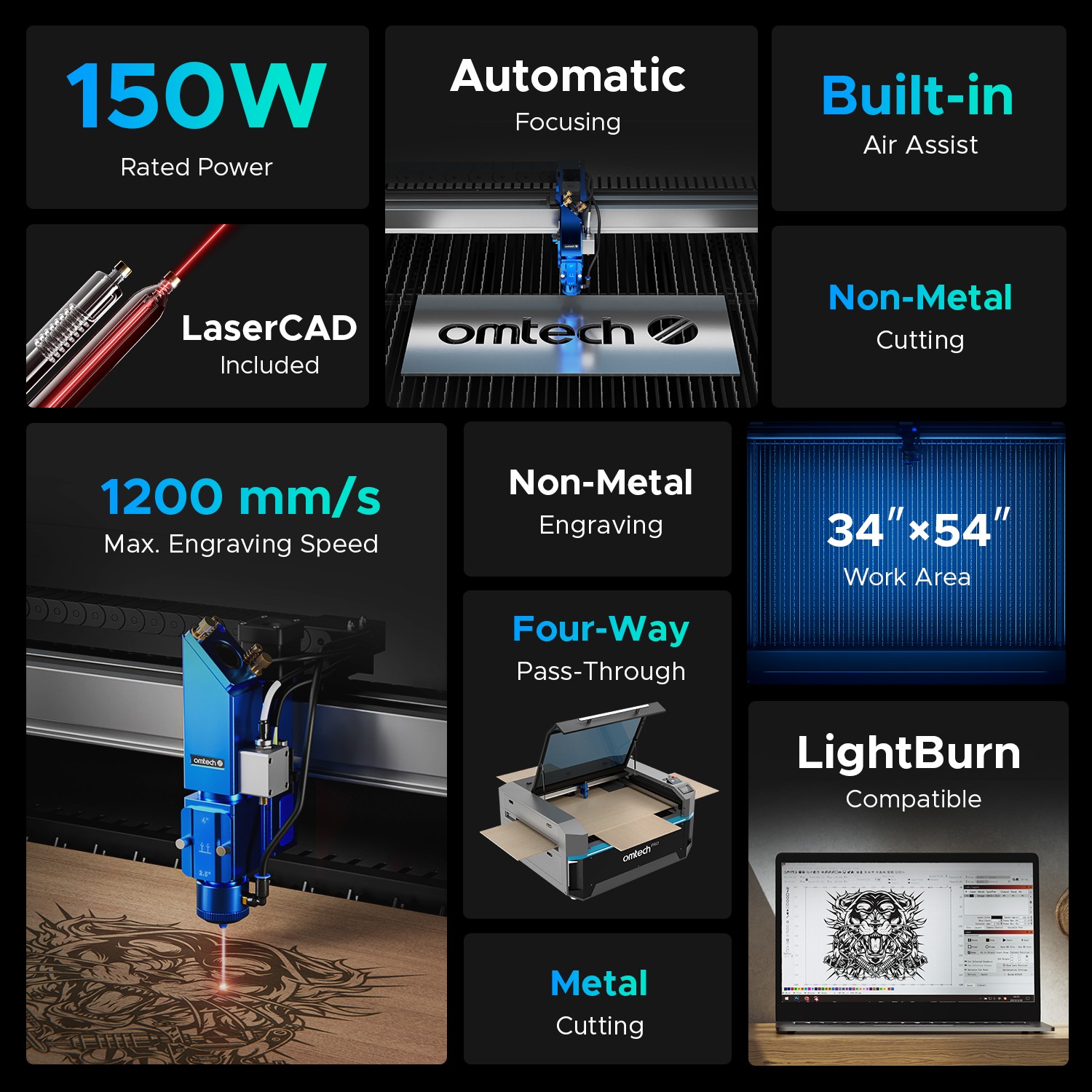 OMTech Pro 3655 Hybrid 150W Laser Cutter w Autofocus&Built-in Chiller – Used
