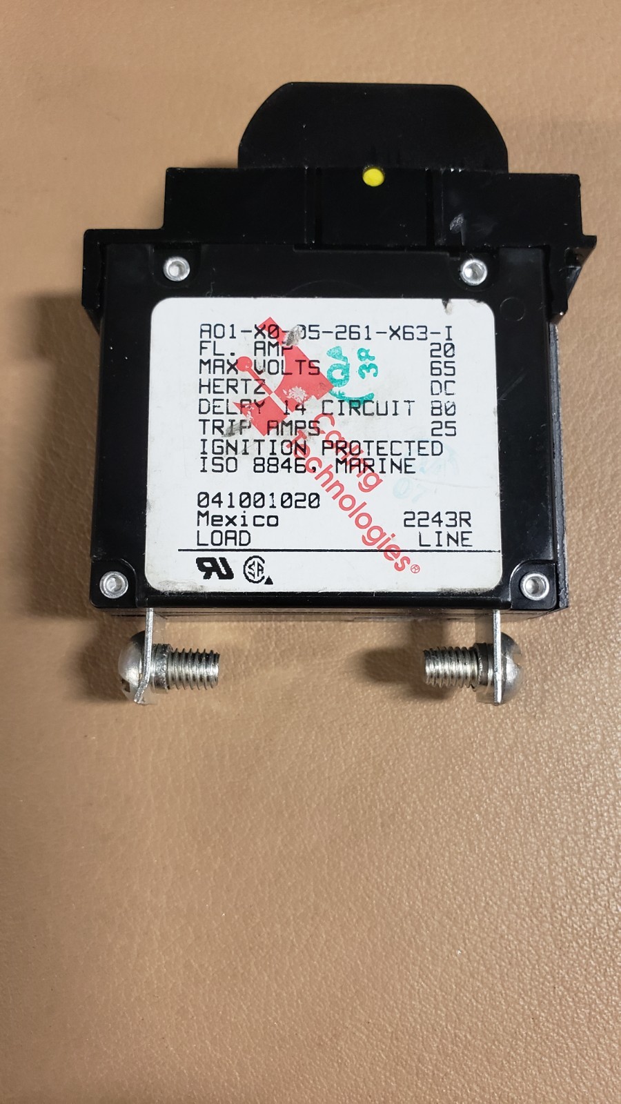 CARLING 20A / SINGLE POLE PANEL MOUNT CIRCUIT BREAKER # A01-X0-05-261-X63-I