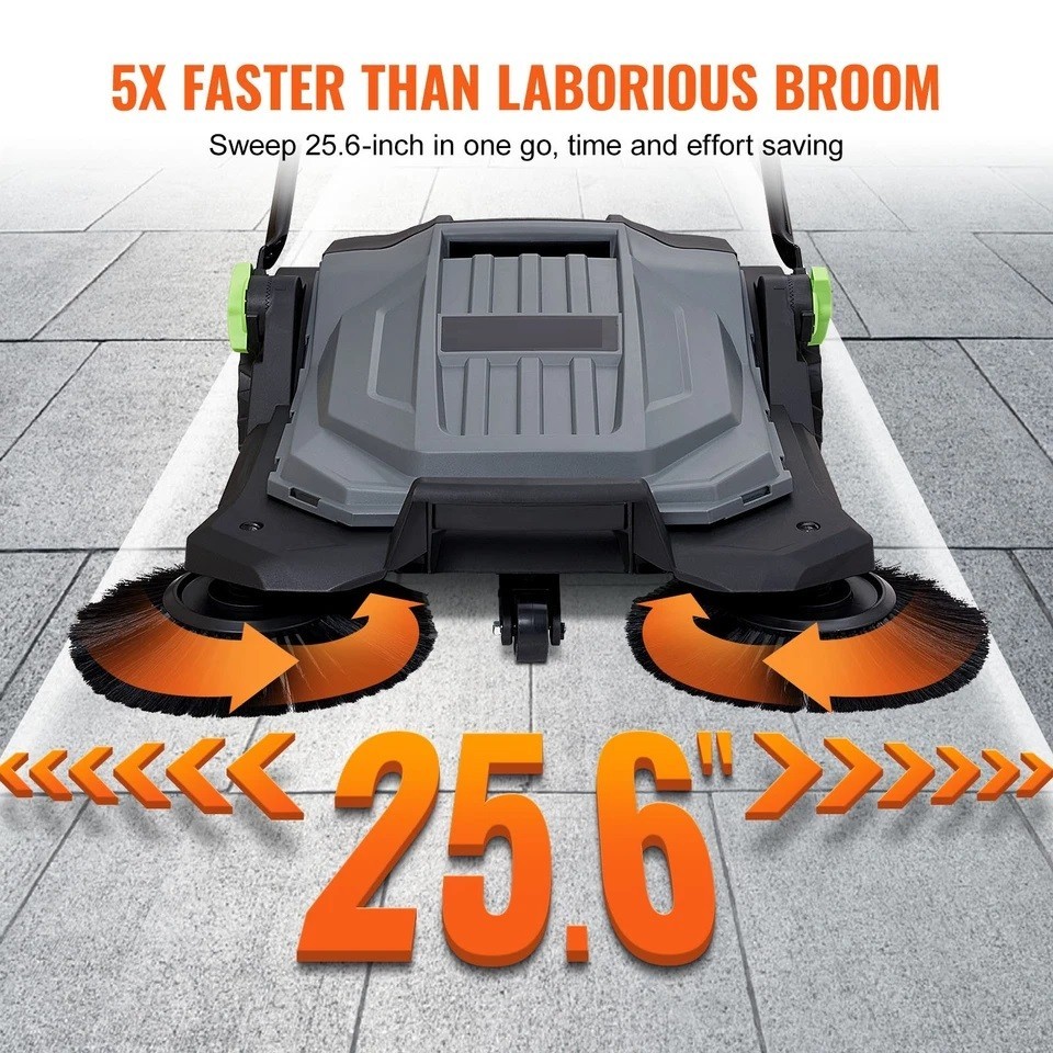 Walk-behind Hand Push Floor Sweeper 25.6″ Width 5 Gallon Waste Container
