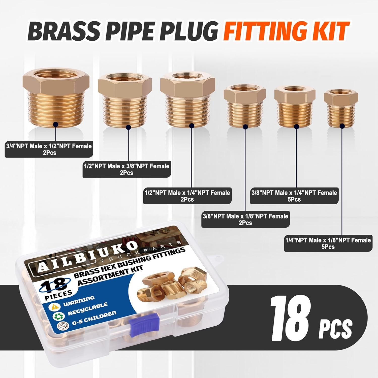 18PCS Brass Hex Bushing Fitting Kit,1/4″ – 1/8″, 3/8″ – 1/8″,3/8″ – 1/4″,1/2″ –