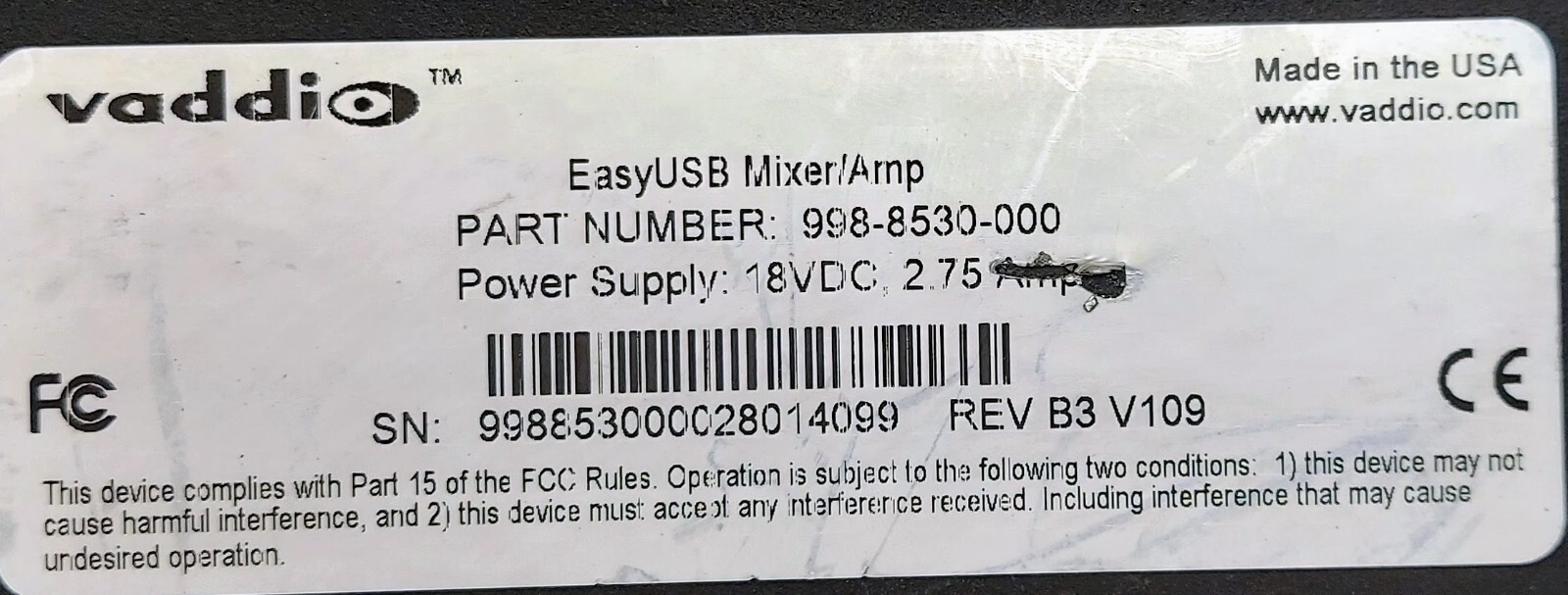 LOT OF 6 Vaddio 998-8530-000 EasyUSB Mixer/Amp 2 x 20 Watt Class-D Amplifier