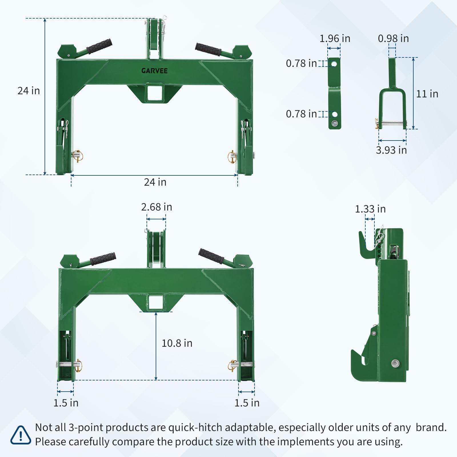 3Point Quick Hitch w/Versatile Adapter 2″ Receiver for Category 1 Tractor 3000lb
