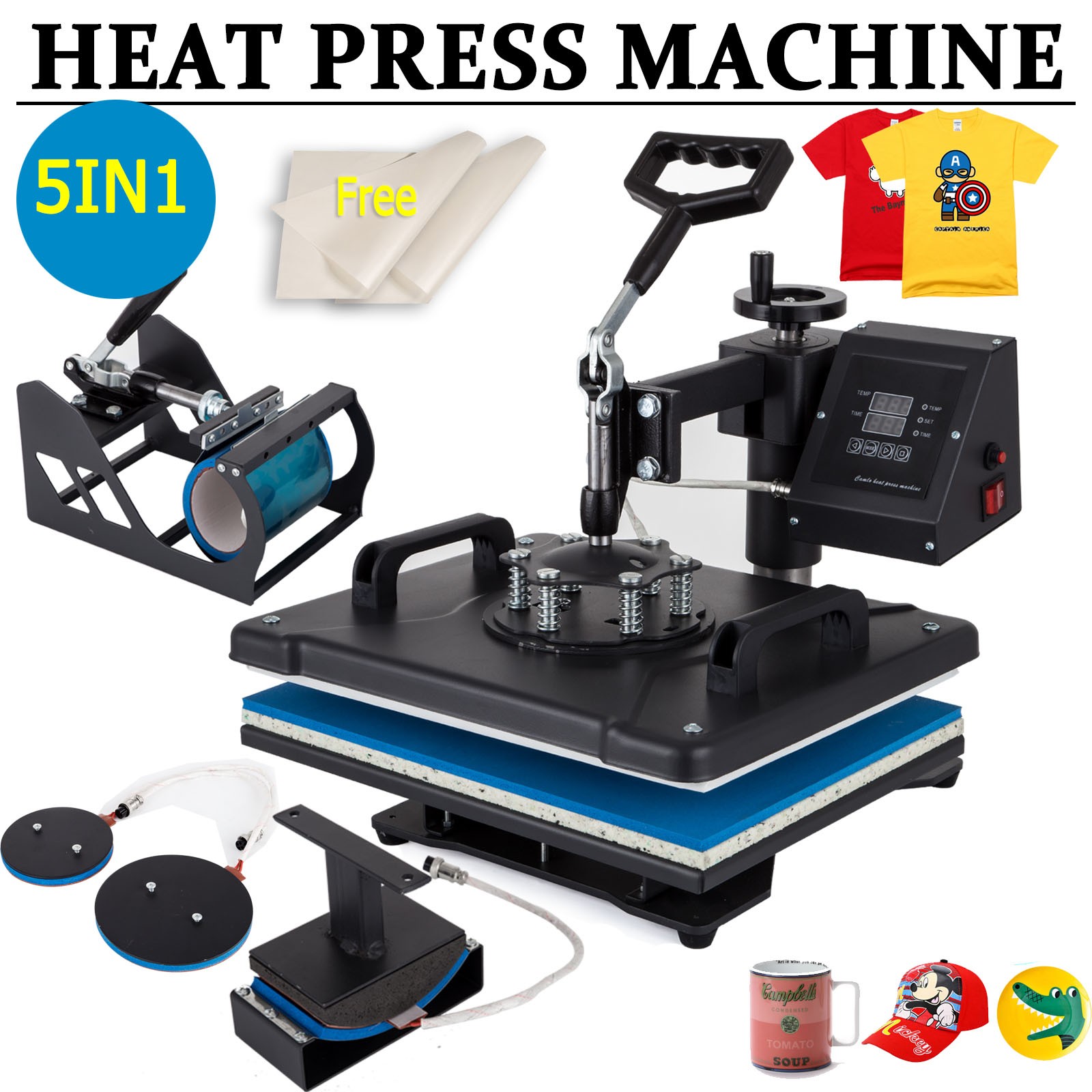 5 In 1 Heat Press Machine 12″x15″ Transfer Sublimation T Shirt Hat Plate Cap Mug