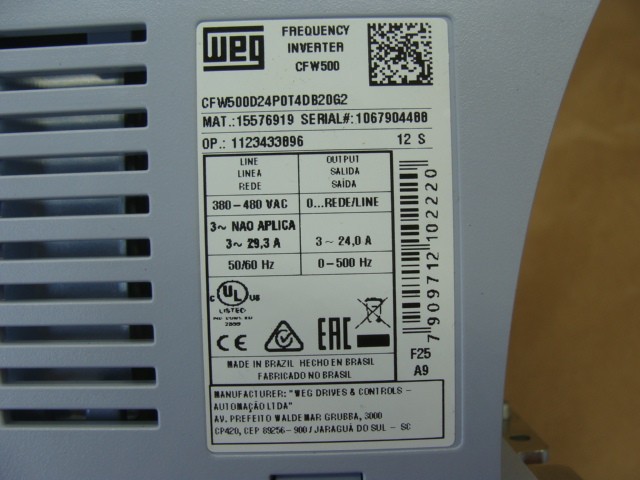 WEG AC VARIABLE FREQUENCY DRIVE CFW500D24P0T4DB20G2 15HP 380-480V 24A