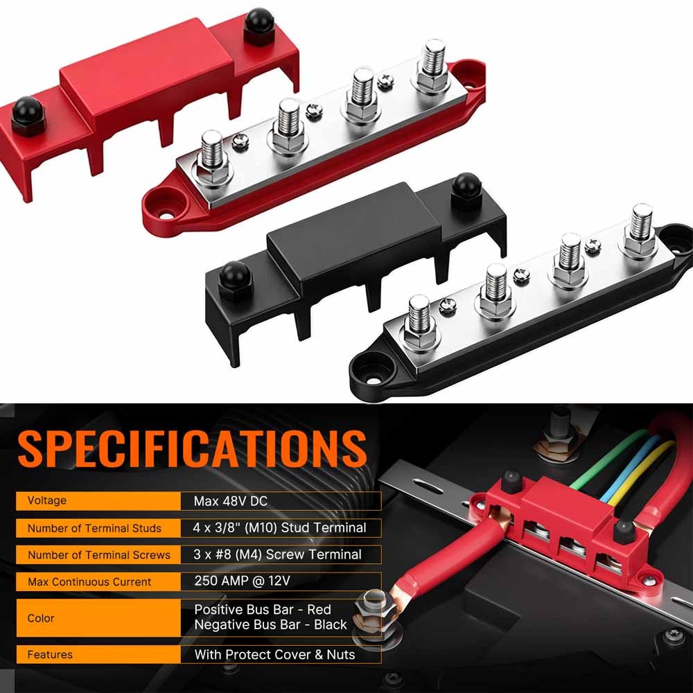 12V 250A Bus Bar Power Distribution Block 4 x 3/8″ Studs Battery Terminal Block