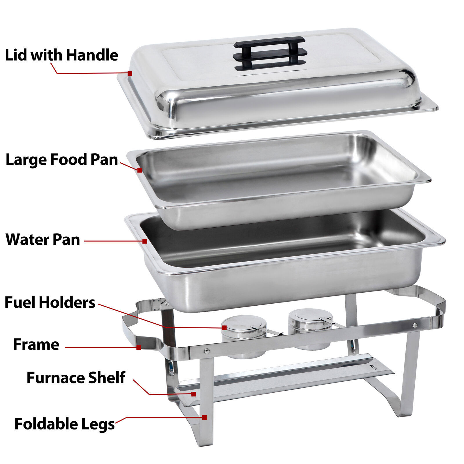 6x 8QT Chafing Dish Stainless Steel Chafer Complete Set with 2 Warmers Buffet