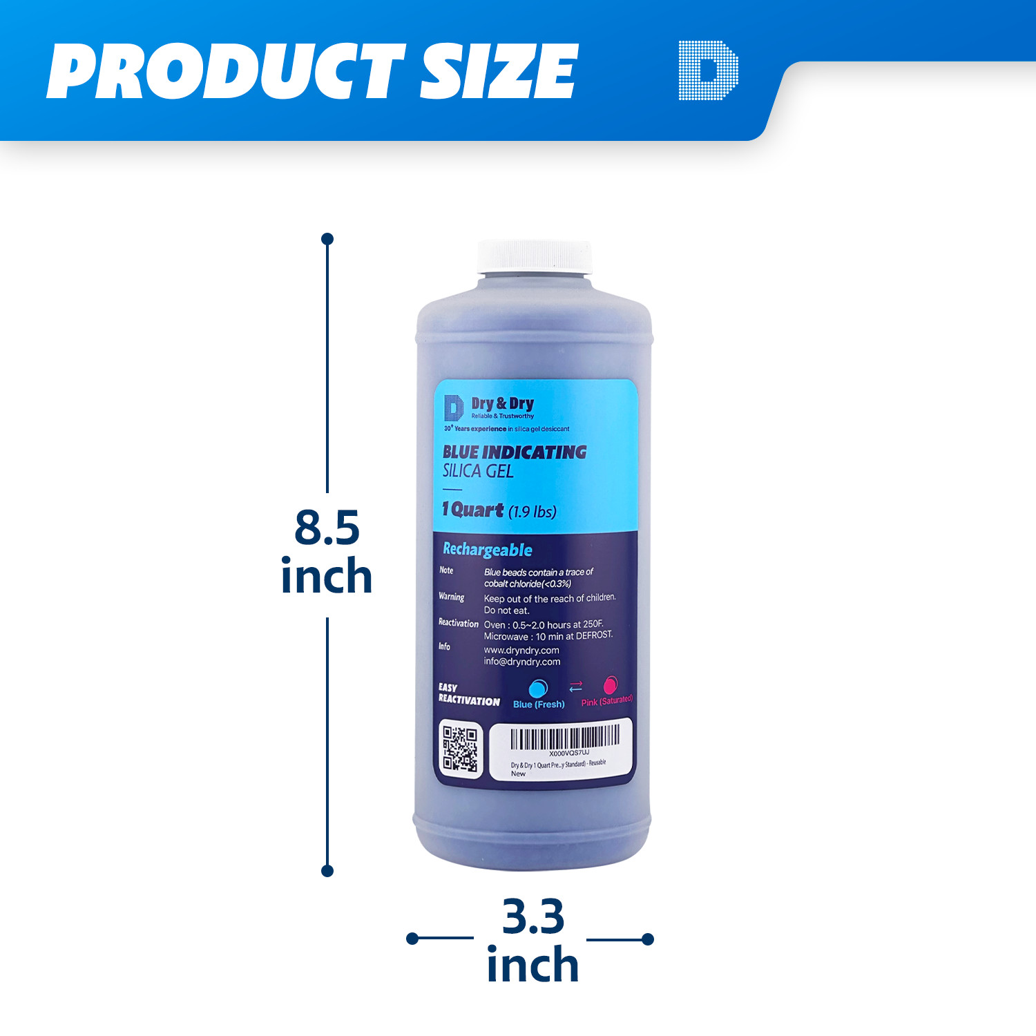 1 Quart Blue Silica Gel Bead in Round Bottle(Air Tight Cap) – 1.9 LBS Reusable
