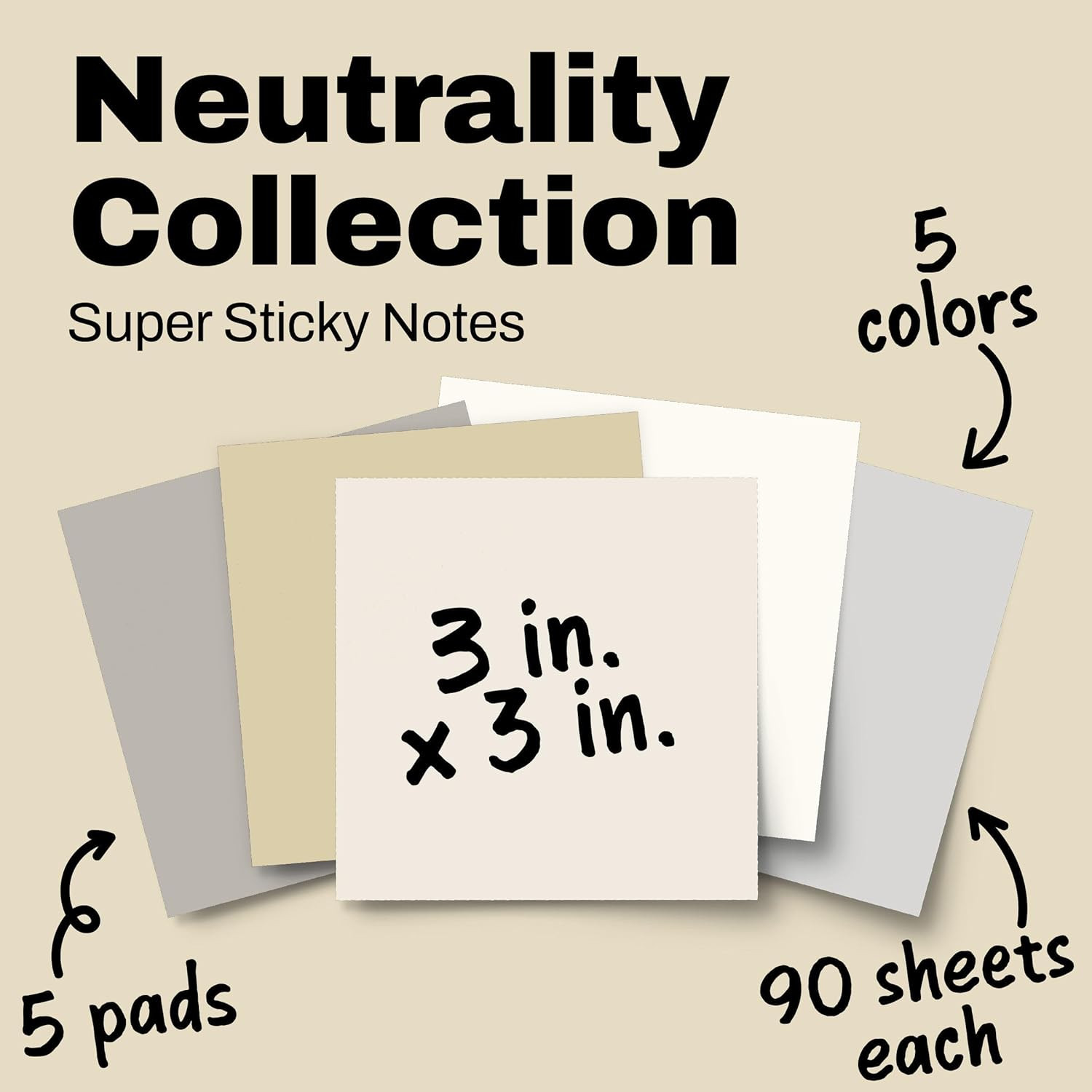 Post-It Super Sticky Notes, 3 X 3 In, Neutrality, 5 Pads, 90 Sheets/Pad | School