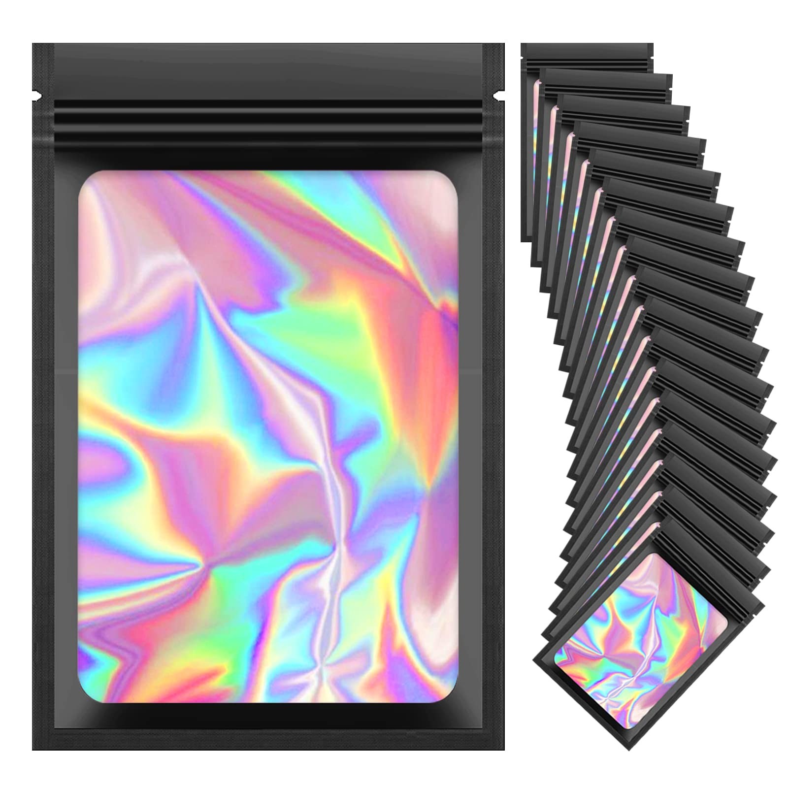 100 Pieces Resealable Mylar Bags, Small Holographic Packaging Bags, Smell Proof