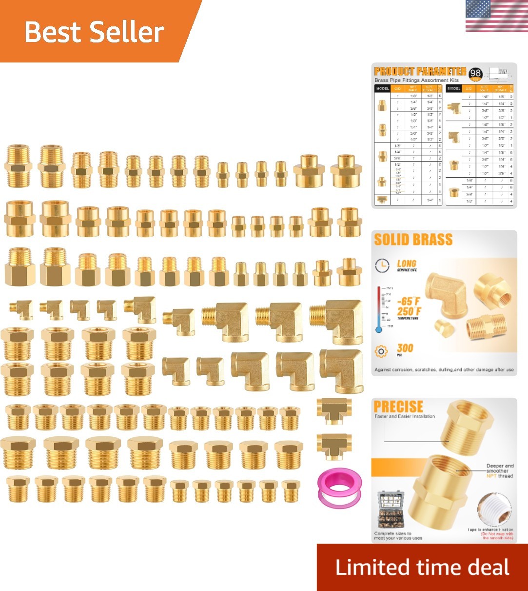 98PCS Brass Pipe Fittings Assortment Kit NPT Adapter,Reducer Bushing, Hex Nip…