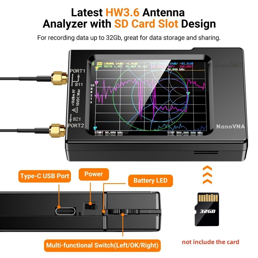 Nano VNA Vector Network Analyzer 50KHz-900MHz Antenna Analyzer 2.8″ Touch Screen