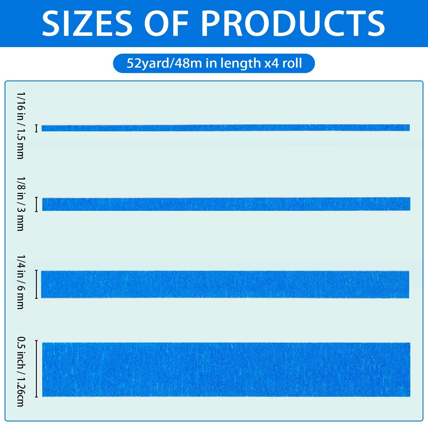 QDiShi 4 Rolls Fine Line Tape(Blue), Fineline Masking Tape in 1/16, 1/8, 1/4 and