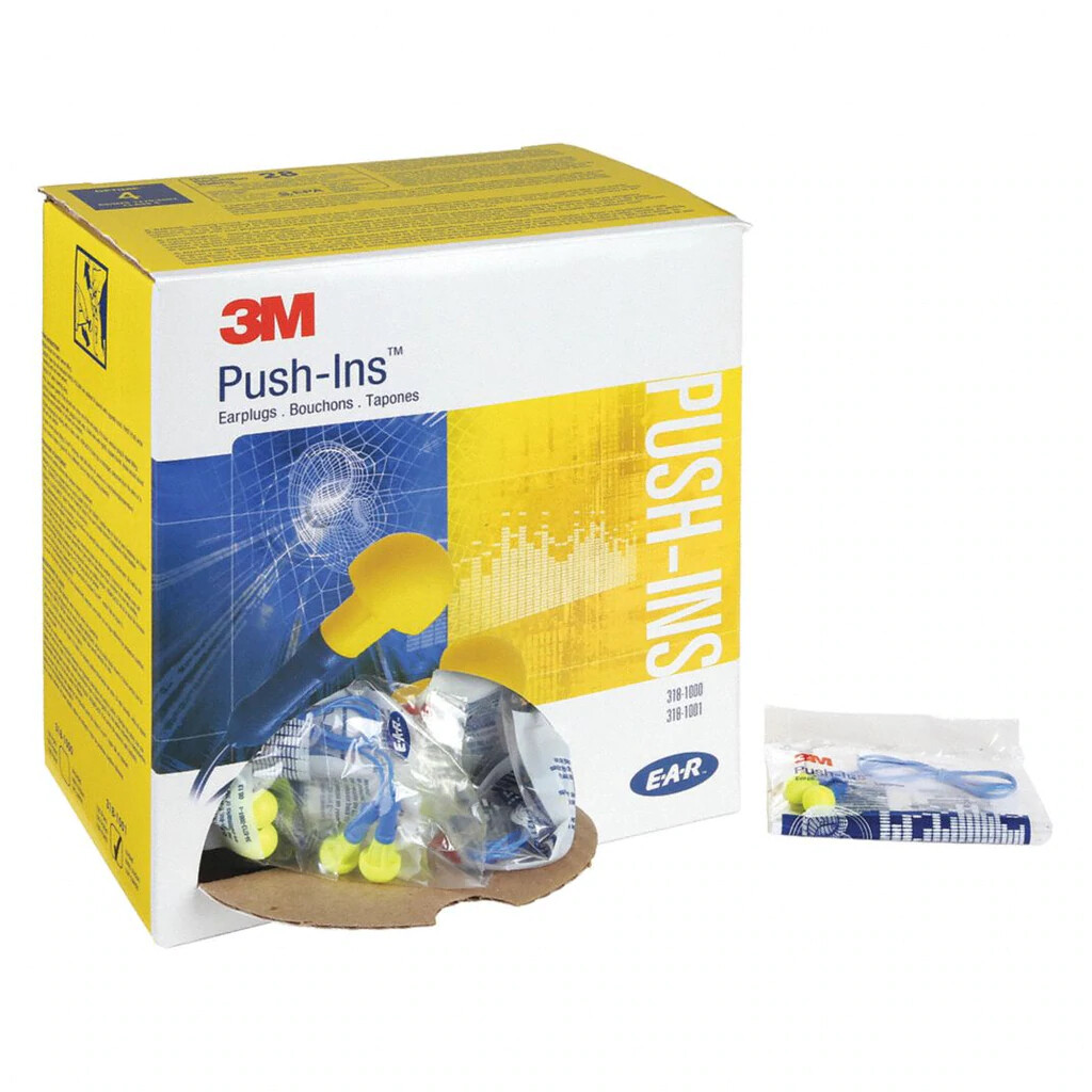 3M 318-1001 E-A-R Push Ins Corded Ear Plugs 100 Individually Sealed Pair W/Cords
